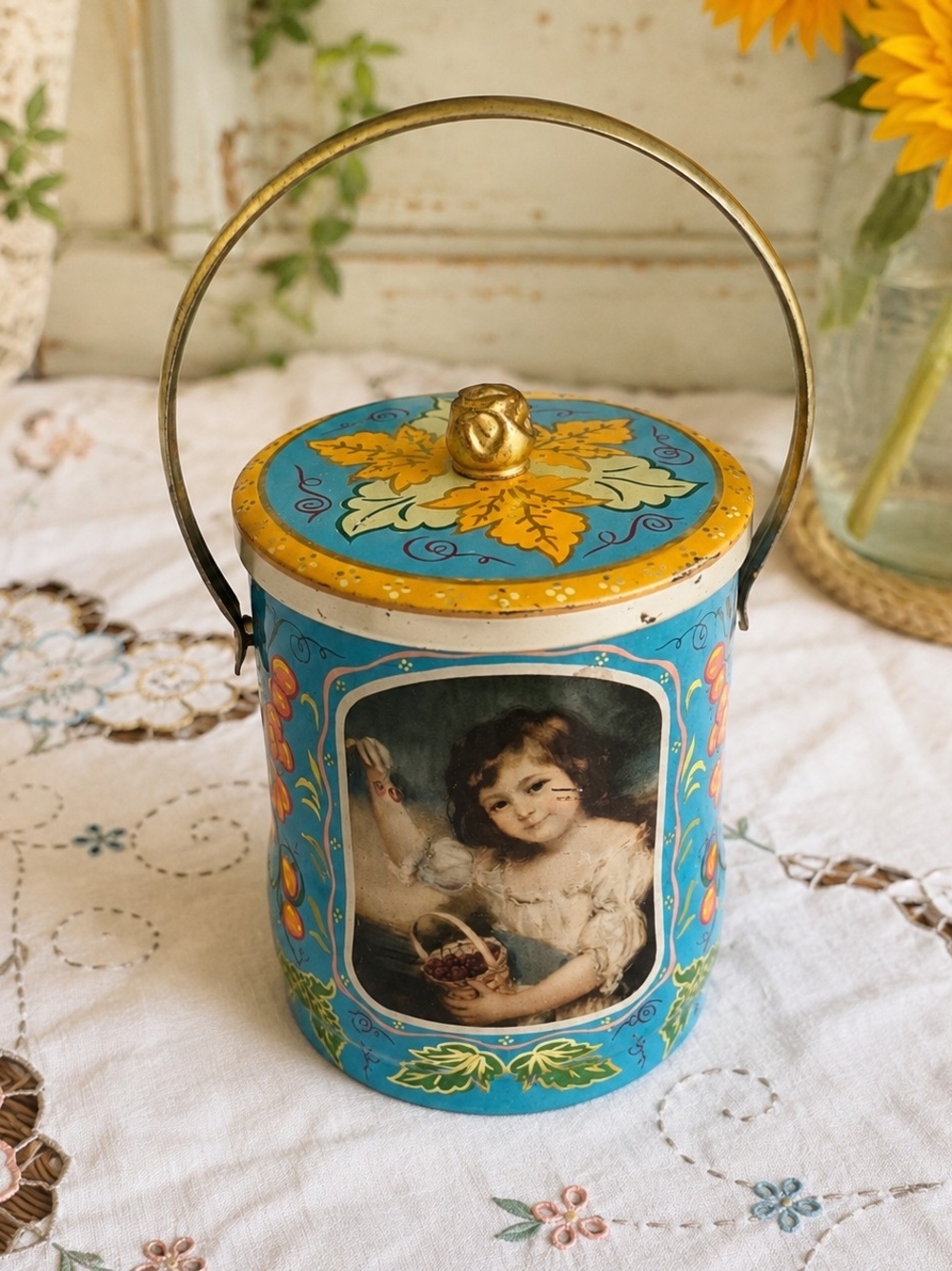 Vintage House of Confectionery Tin Canister Girl w Handle